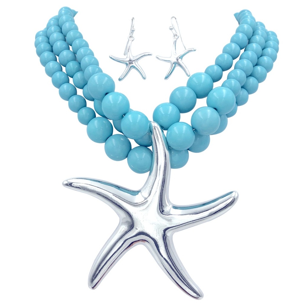 Large Silver Starfish Blue Necklace Earrings Set